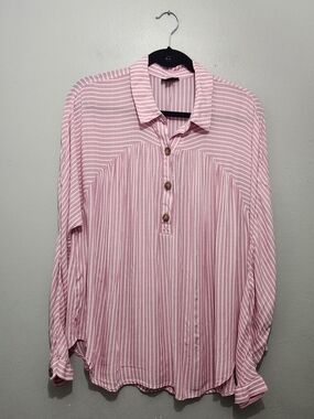 a.n.a Pink and White Striped Pull Over Blouse Sz L Long Sleeves Summer Vacation